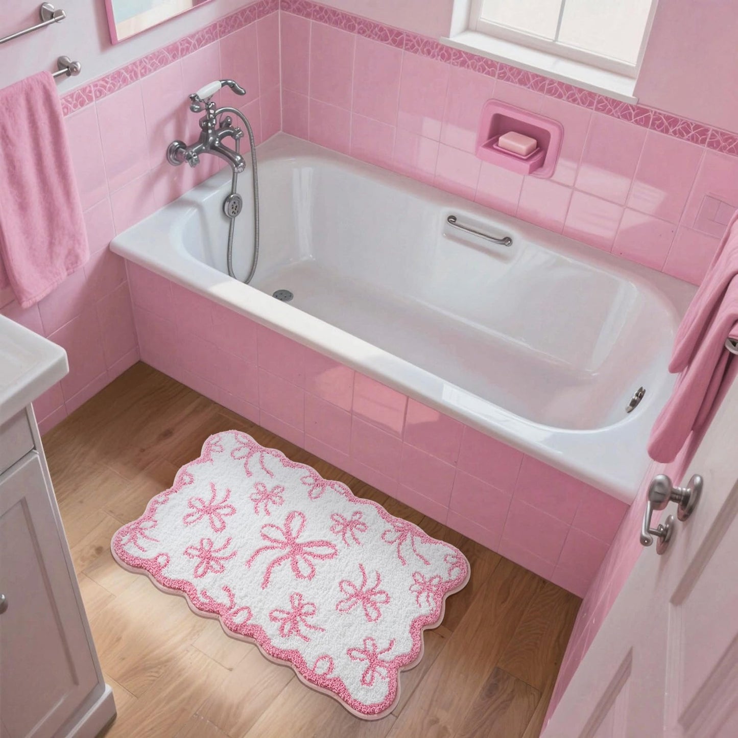 Moutina Pink Bow Bathroom Rug 20x32 Inch, Soft and Absorbent Tufted Coquette Scalloped Bath Mat Non Slip Washable, Cute Bow Decor for Bathroom Bedroom