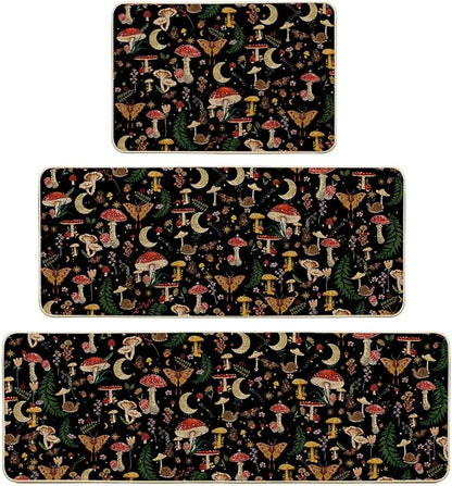 Artoid Mode Black Mushrooms Butterfly Spring Kitchen Mats Set of 3, Home Decor Low-Profile Kitchen Rugs for Floor - 24"x35"+24"x59"+24"x72"
