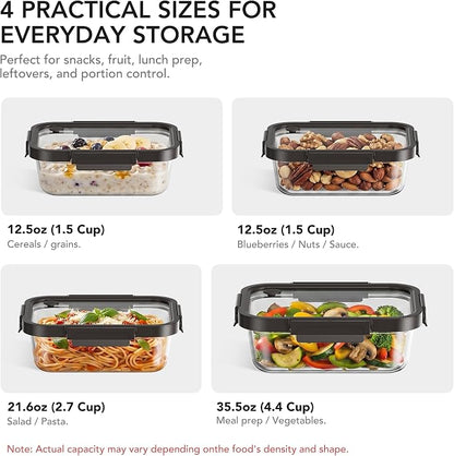 GENICOOK Glass Meal Prep Containers with Glass Lids, 4 Pack Airtight Glass Food Storage Containers, Borosilicate Glass Lunch Containers for Healthy Meal Prep, Microwave Oven Dishwasher Safe, BPA Free