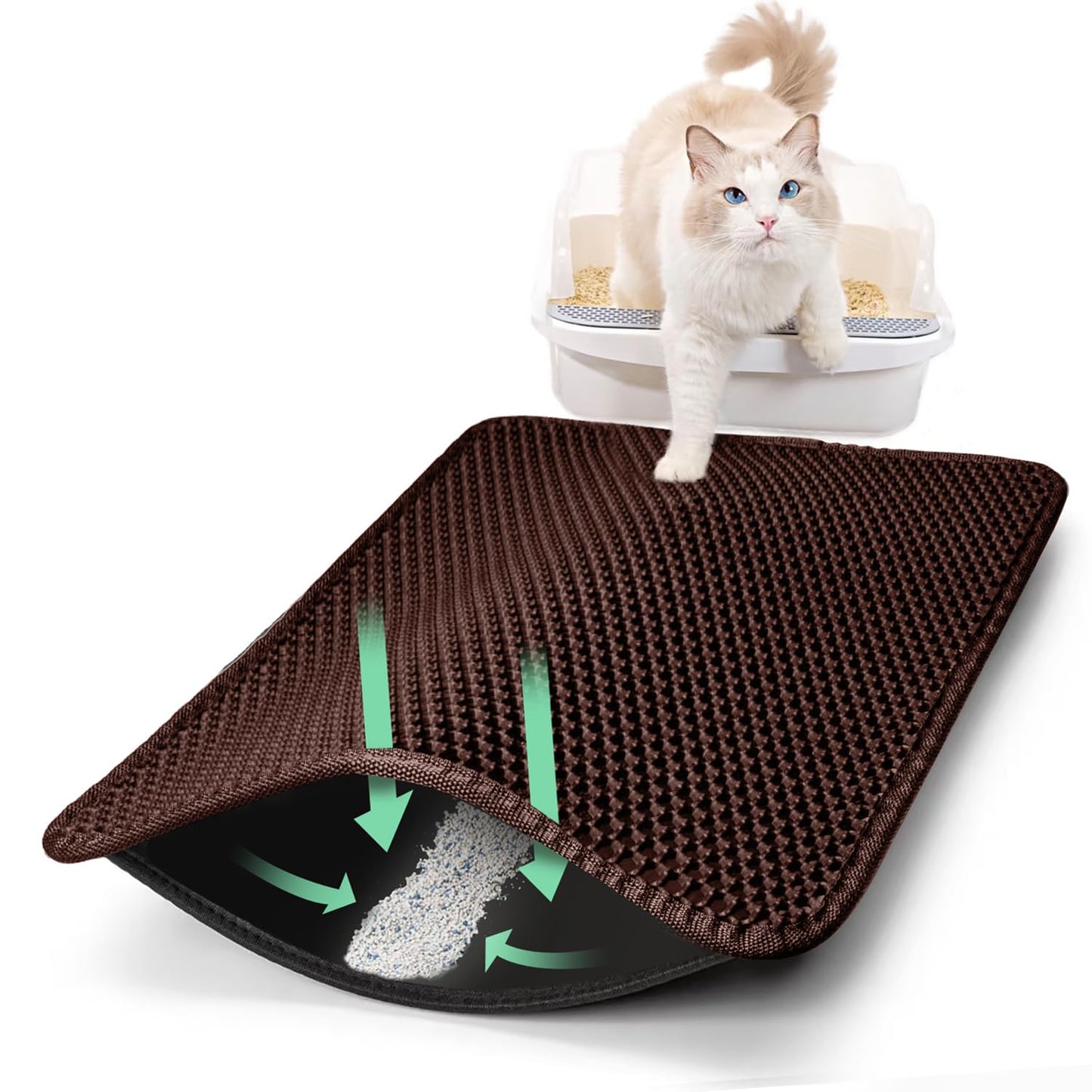 28"x48" Cat Litter Mat, EVA & Fabric Double Layer Design Waterproof Bottom Cat Litter Mat,Anti-slip Litter Box Mat,Easy To Catch Pet Litter,Easier To Clean,Washable,Soft on Paws,Large Capacity,Brown