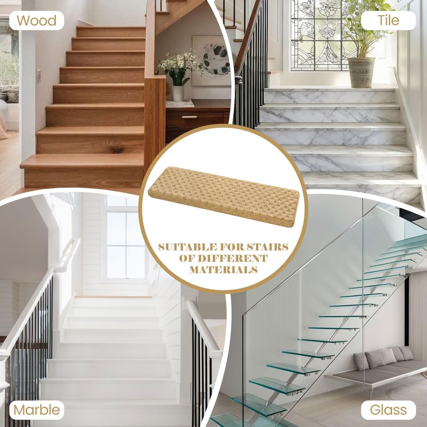 DEXDE Bullnose Carpet Stair Treads Non Slip for Wooden Steps Indoor, 30" x 9.5" x 1.7" (14 Pack) - Peel and Stick Stair Runner Rugs with Edge Protection, Washable & Reusable Pet Friendly Mats, Beige