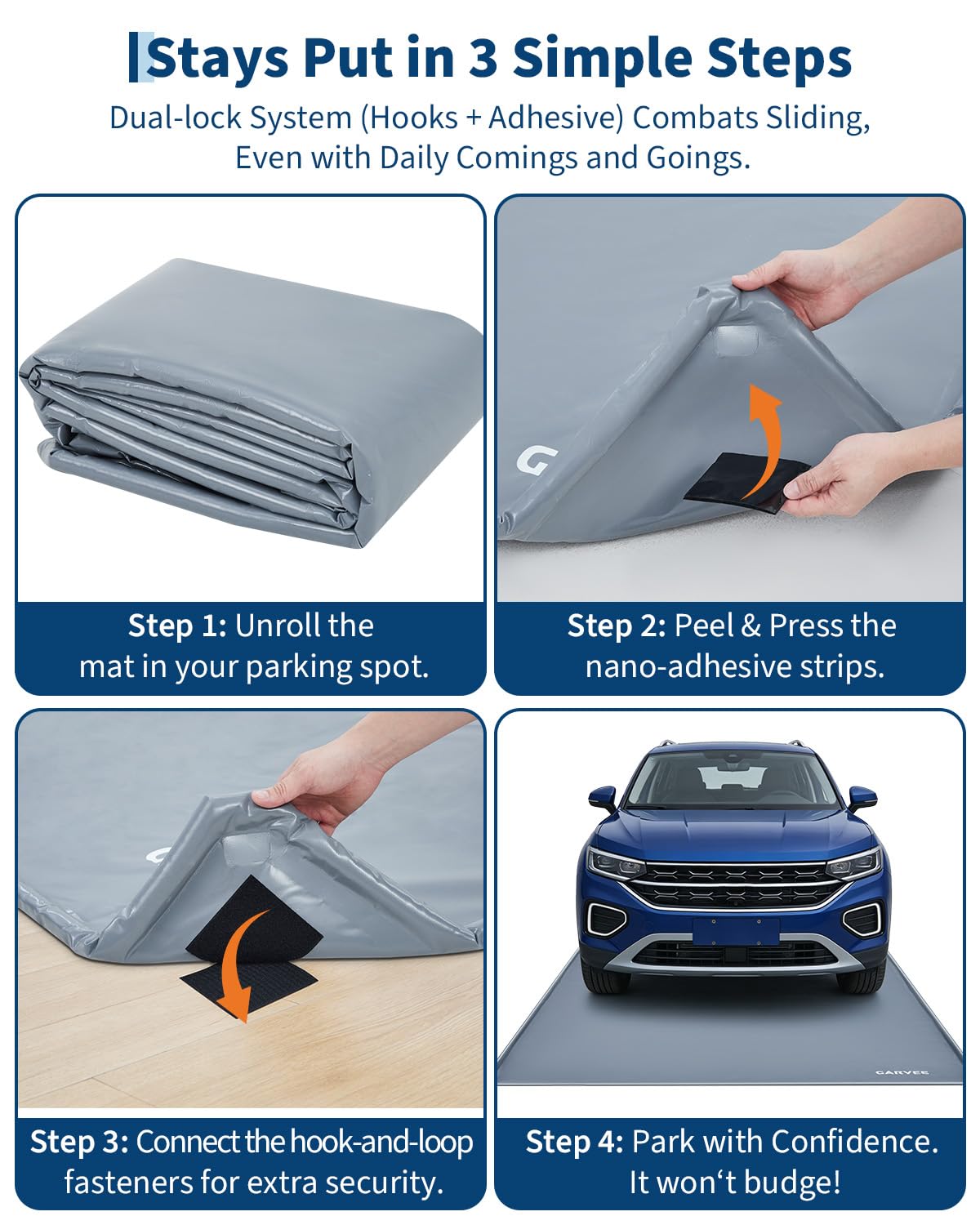Garage Mat with Raised Edge, 1000D PVC Non-Slip Floor Protector for Cars Trucks SUVs, Snow Melt Containment Tray for Winter, Comes with Squeegee & 8 Attachment Straps, 4 Size Options (7.9x16 to 8.6x22