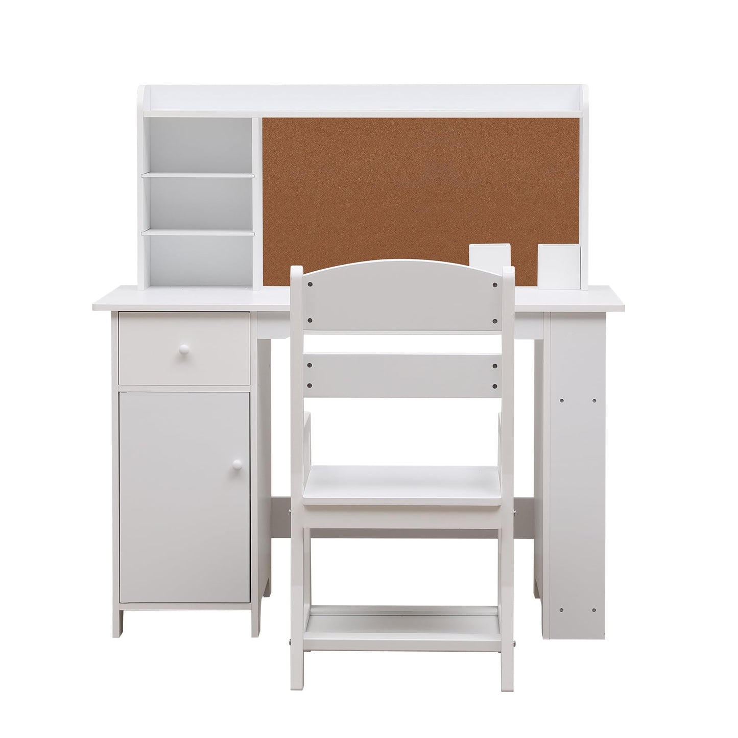 Garvee Kids Desk, Study Desk and Chair Set for Boys and Girl, Wooden Kids Writing Table with Bookshelf, Bulletin Board, Cabinet and Drawer for Ages 3-8, White