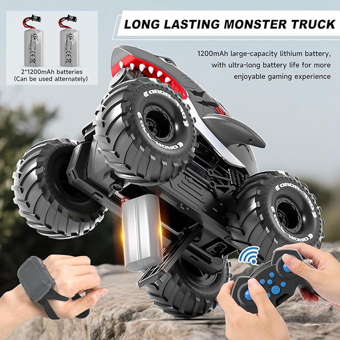 Gesture Sensing Amphibious Remote Control Gray Shark Monster Truck with Water Squirt 4WD 1:16 RC Car All-Terrain Waterproof RC Tank Pool Toy Outdoor Summer Gifts for Kids Age 6+（2 Replaceable battery)