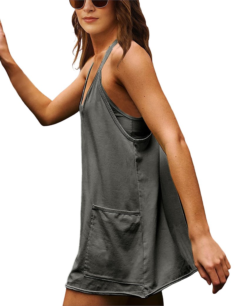 Lentta Womens Athletic Sleeveless Mini Dress with Built-in Shorts V Neck Spaghetti Strap Sundress(Darkgrey-XS)