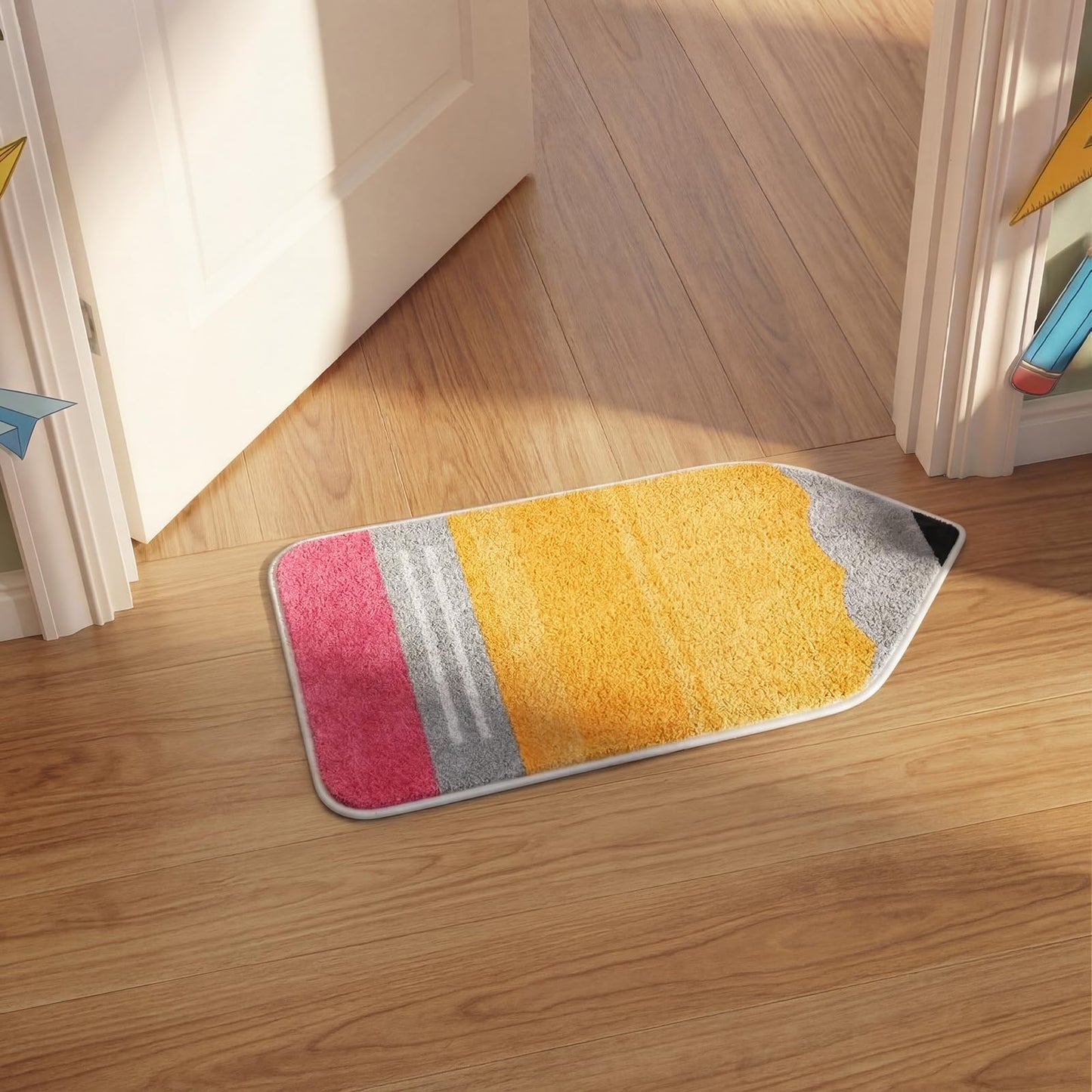 Breling Pencil Classroom Rug Pastel Pencil Shaped Class Doormat Teachers Back to School 14'' x 30'' Fun Soft Faux Non Slip Floormat for Welcome Elementary Kindergarten Room Indoor Outdoor Decor