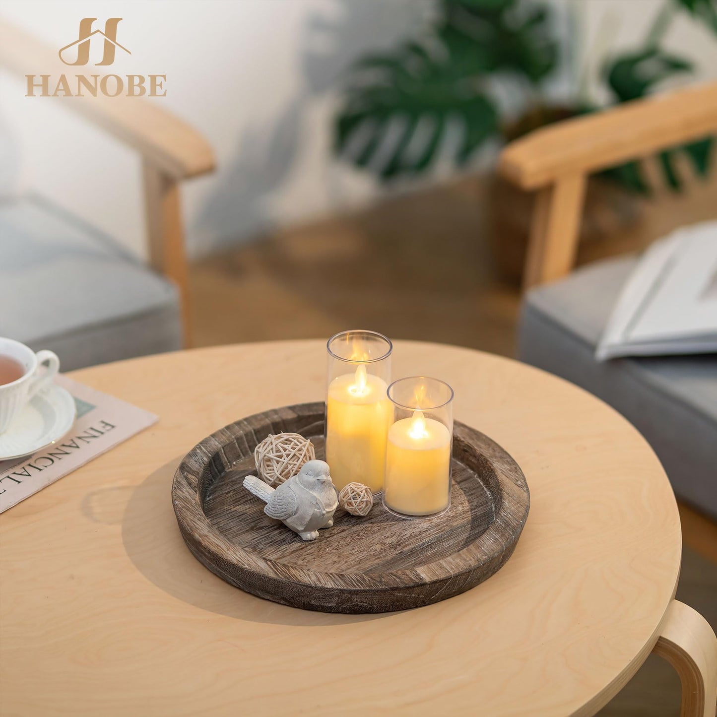 Hanobe Candle Plate Holder Tray: Round Wooden Decorative Candle Plate Small Farmhouse Table Centerpiece Rustic Wood Tealight Pillar Trays for Christmas Wedding Halloween Home Decor