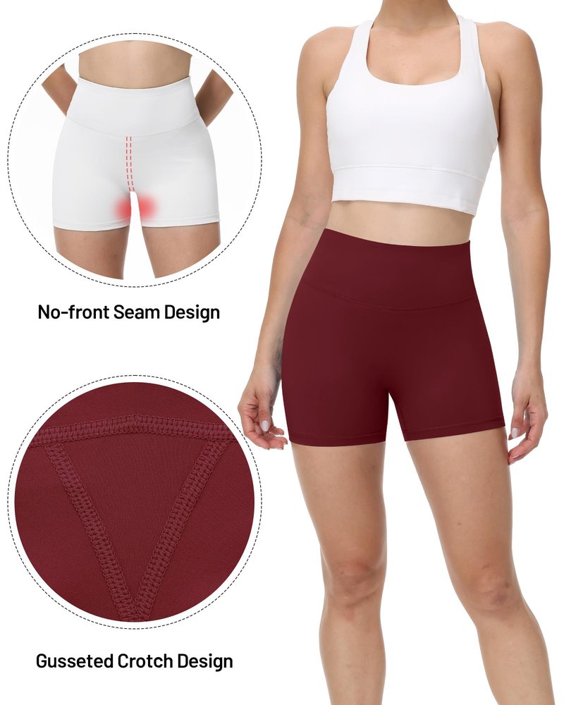 Runhit No Front Seam Biker Shorts for Women - 3'' High Waisted Workout Gym Yoga Volleyball Spandex Booty Shorts with Tummy Control Wine Red Large