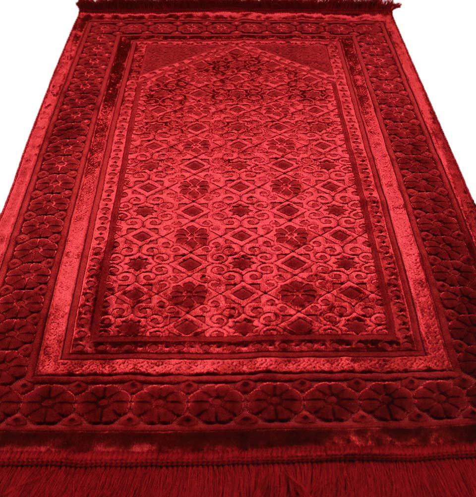 Modefa Velvet Prayer Rug - Soft Plush Turkish Janamaz Sajada Carpet for Men and Women - Plain Solid Prayer Mat Ramadan Eid Gift - with Prayer Beads - Luxury Floral Stamp (Red)