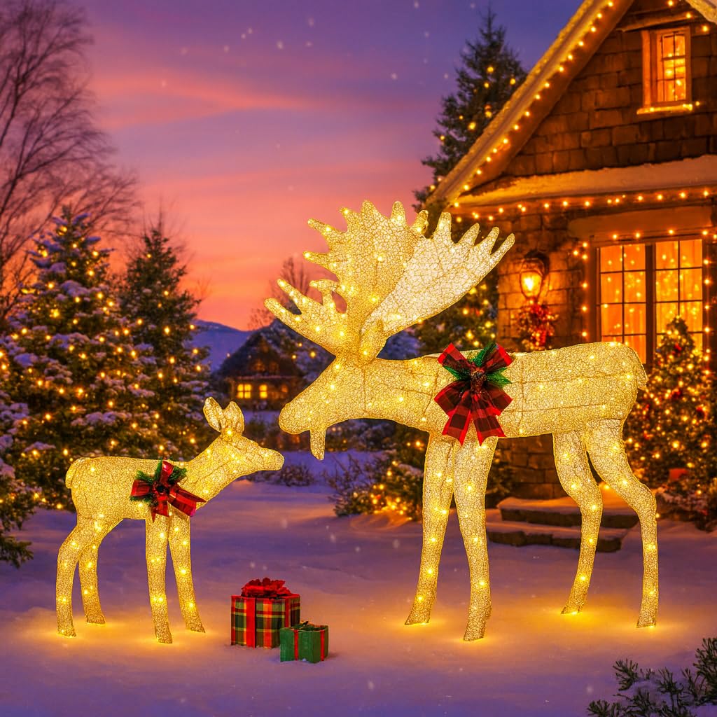 Shintenchi 2 pcs Lighted Christmas Deer Family, Outdoor Yard Decoration with 170 LED Lights, Zips, Tiers Pre-lit Glittered Standing Ornaments for Home Holiday Decor