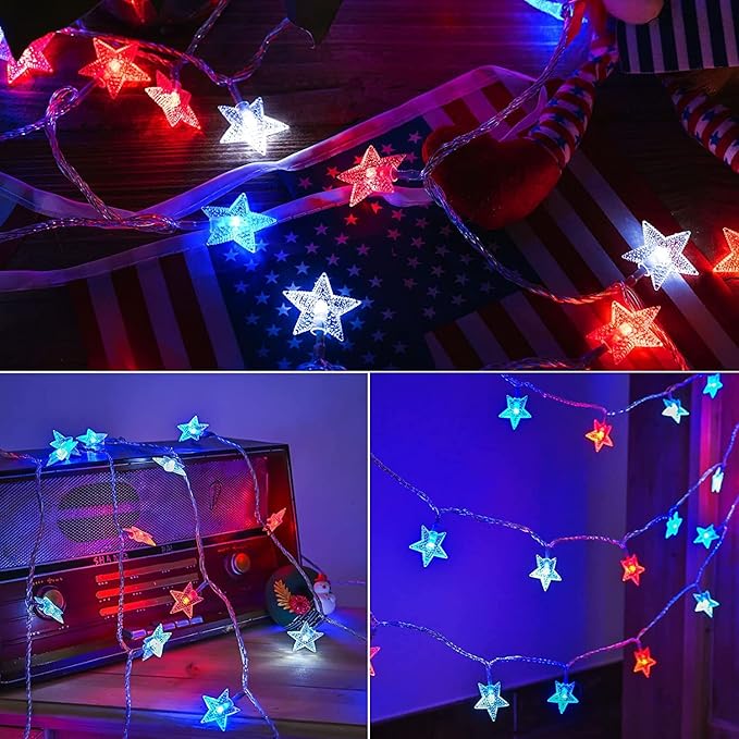 ITICdecor 4th of July Decor Red White Blue Stars String Lights, 15 FT 30 LED Fairy Lights Battery Operated Indoor&Outdoor Star Lights for Independence Day President Day Memorial Day