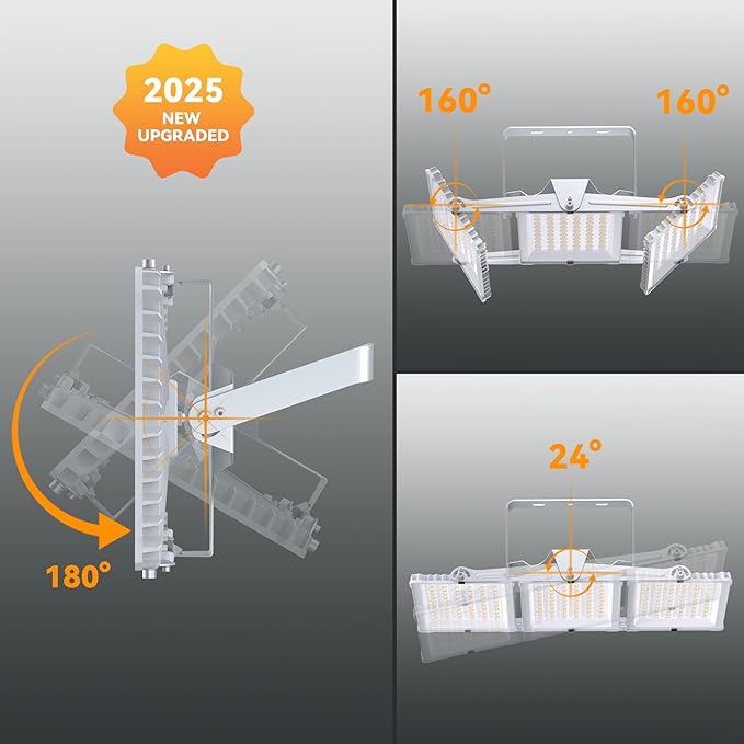 600W 2 Pack 2025 Plus New Upgraded LED Flood Light Outdoor, 60000LM Super Bright Stadium Lights, 6000K Daylight White, IP66 Waterproof, 3 Heads Adjustable Floodlights for Yard, Arena, Street