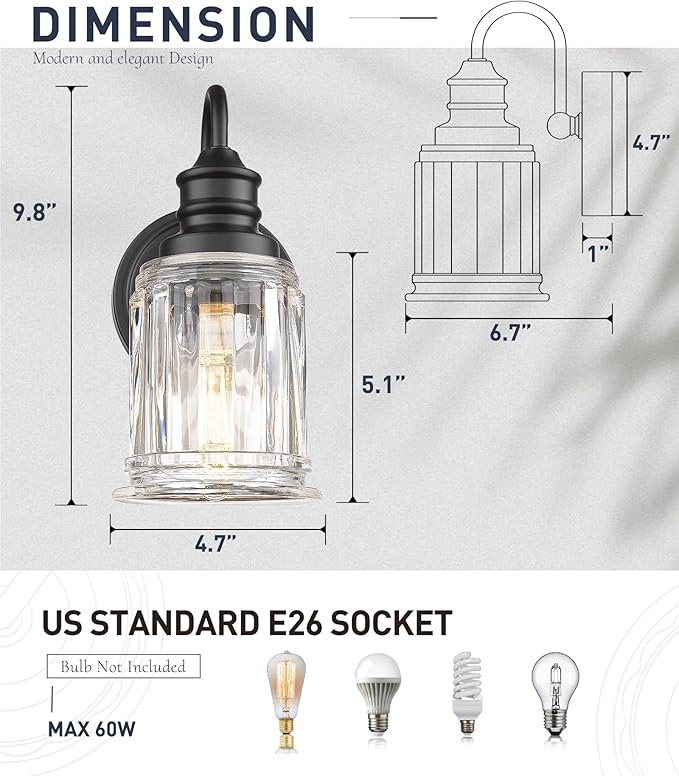 HWH Wall Sconces Set of 2, 1-Light Matte Black Bathroom Light Fixtures, Modern Single Vanity Light Wall Lamp with Bell-Shaped Clear Glass, 5HZG106B-2 BK