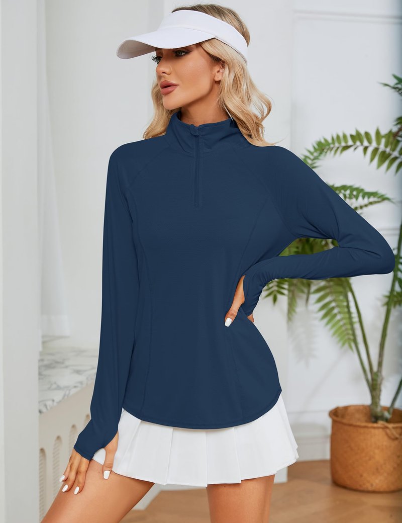 LOMON Women Long Sleeve Shirts Sun Protection 1/4 Zip Summer Quick Dry Hiking Shirts Hiking Shirts Women Quick Dry（Navy Blue,M）