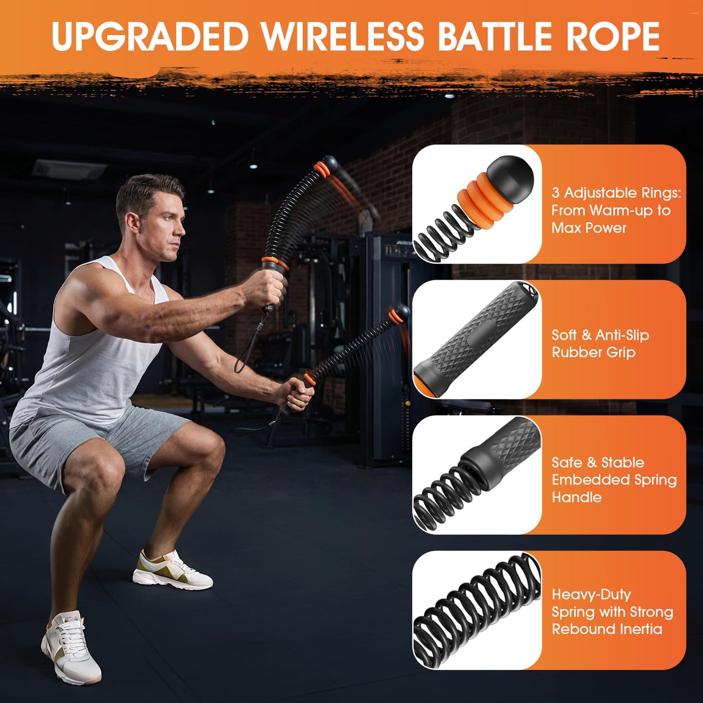 Ropeless Battle Ropes with 3 Adjustable Resistance Rings, Weighted Cordless Battle Rope for Home Gym, Portable Workout Equipment for HIIT, Cardio, Muscle Training & Fat Burning for Men Women (Black)