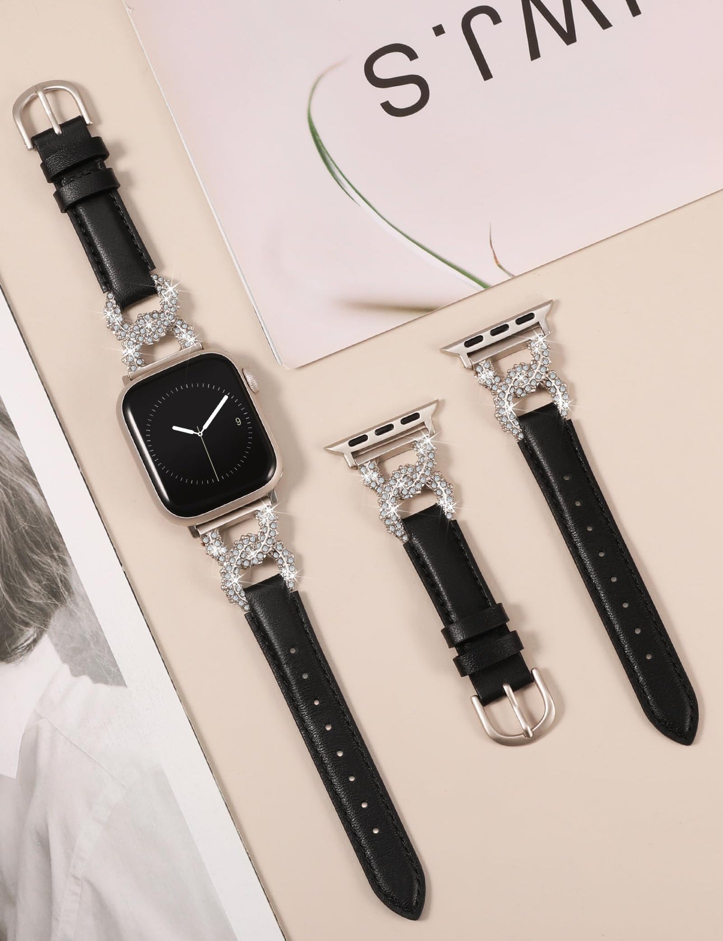 TOYOUTHS Leather Band Compatible with Apple Watch Bands Women 38/40/41/42mm Dressy Designer Diamond Interlock Buckle Thin Leather Strap for iWatch Series 11 10 9 8 7 6 5 4 SE 3 2 1, Black/Starlight