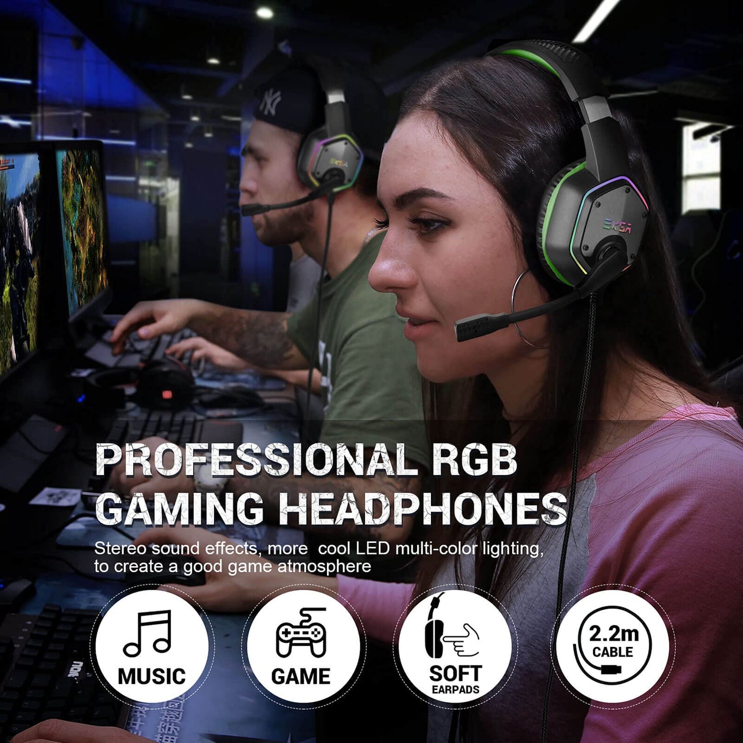 EKSA E1000 Gaming Headset, Computer Headphones with Noise Canceling Mic & RGB Light, Compatible with PC, PS4, PS5, Laptop