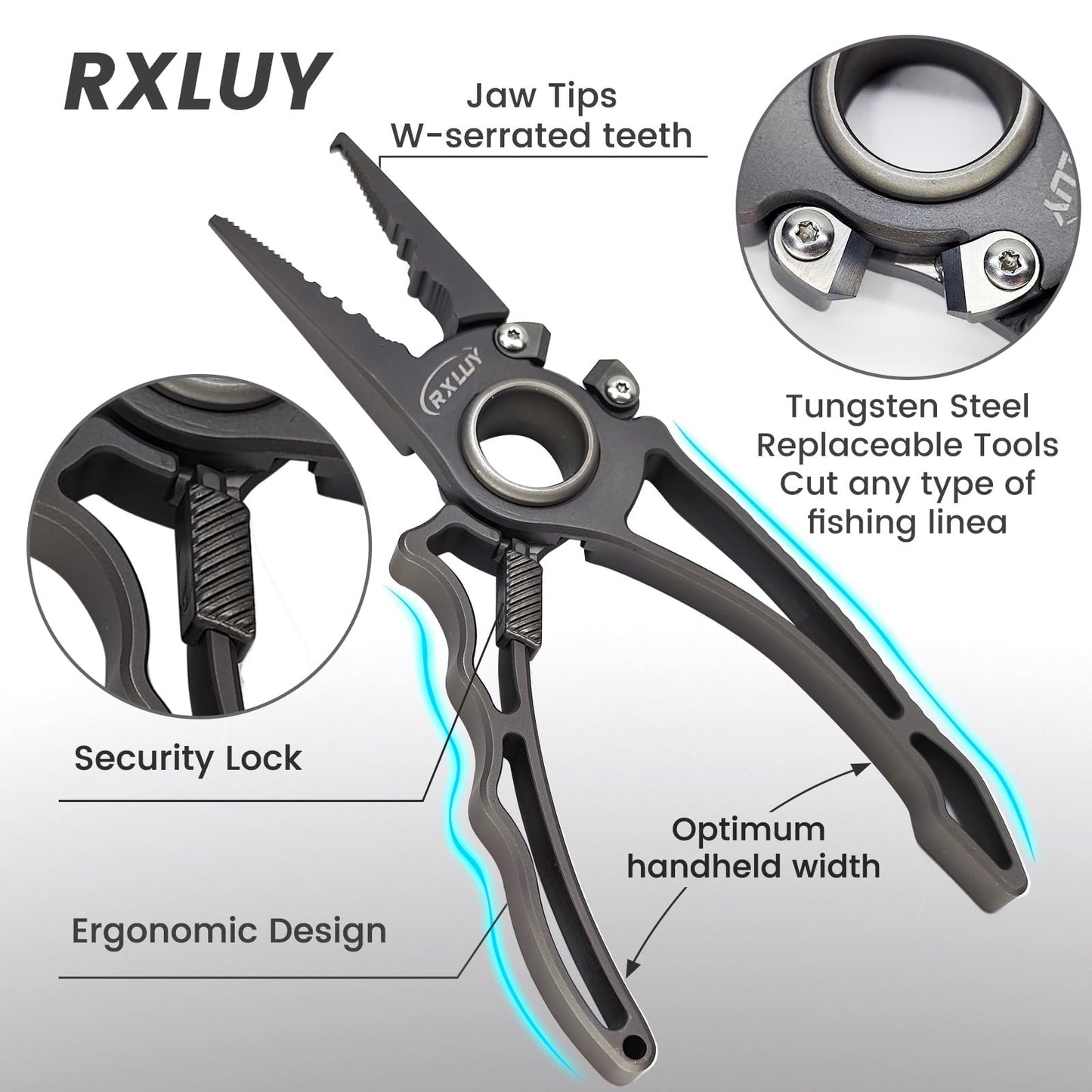RXLUY Titanium Fishing Pliers, Premium Saltwater Fishing Gear, Tungsten Cutters, Split Ring Hook Remover, Fish Plier Holster with Retractable Lanyard, Ice Sea Fishing Kit Gifts for Men (with Lock)