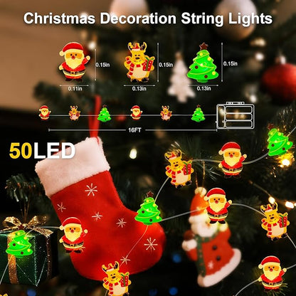 Aogist Christmas String Lights, 16ft 50 LED Battery Powered Reindeer Santa Claus Christmas Tree Decoration Lights for Indoor Outdoot Party Festival Christmas Decorative (2 Pack)