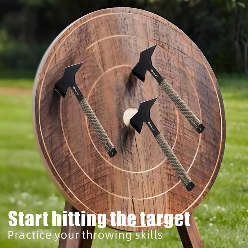 REAT Throwing Axe Set with Sheath - 3 Pack, 11" Full Tang Design with Black Coating,Cord-Wrapped Handle, Throwing Axes for Recreation,Competition,Gifts for Men,Women