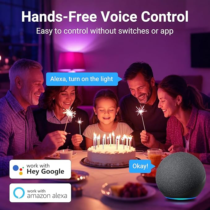 TJOY Smart Alexa Light Bulbs, Bluetooth WiFi Led Bulb Compatible with Alexa &Google Assistant, RGB Color Changing Bulbs, Music Sync, 9W(60W Equivalent), A19 E26 800LM(2.4Ghz WiFi only), 6 Pack