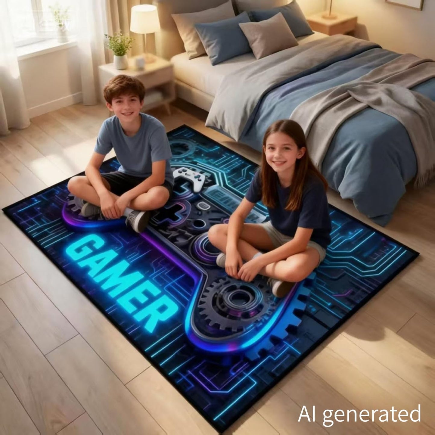 Dowtowter Gaming Rug for Boys Room, Neon Game Controller Area Rug, Non-Slip Gamer Decor Rug,Carpet for Gaming Room Kids Room Bedroom Living (Blue, 39‘’×59‘’)
