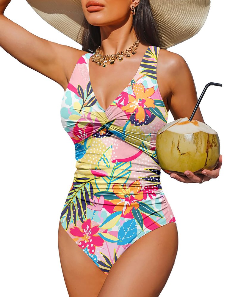 Holipick Tropical Floral Women Tummy Control One Piece Swimsuit - Push Up Bathing Suit Full Coverage Slimming Swimwear XXL