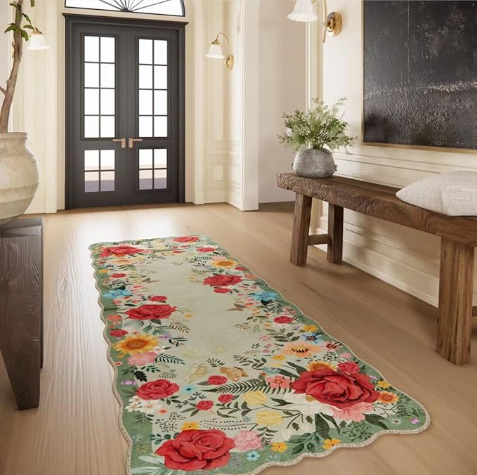 Kitchen Rug Runners for Hallways: 2x6 Washable Runner Rugs for Kitchen Ultra Thin Stain Resistant Non Slip Low Pile Lightweight Floral Carpet for Laundry Room, Bedside Decor (Light Green)