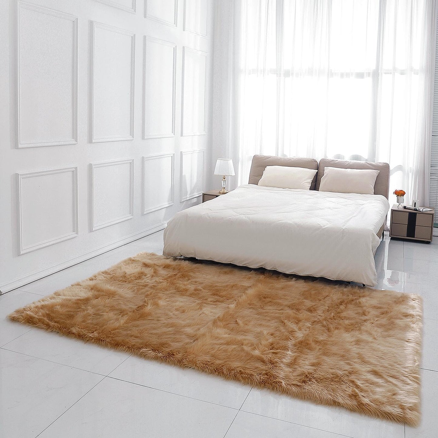 linmopm Faux Fur Rug Sheepskin Shag Fluffy Fuzzy 6x9 ft Beige Rugs for Bedroom Bedside Bed Floor Living Room Plush Rectangle High-Density Cushion Carpet Super Sofa Cover