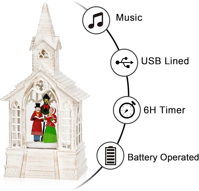 Christmas Snow Globe Lantern Musical Carolers Lighted Water Church, USB Lined/Battery Operated Lighted Lantern for Christmas Festival Decoration Gifts