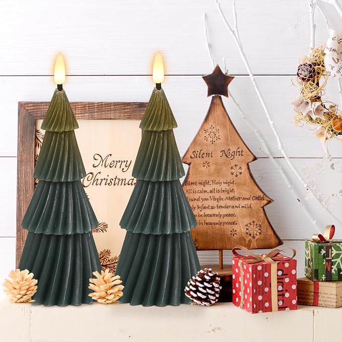 Christmas Tree Spiral Skirt-Shaped Flameless Candles with 6H Timer, 2 Pcs Battery Operated LED Pillar Candle with Flickering 3D Wick, Green Candles for Home Décor