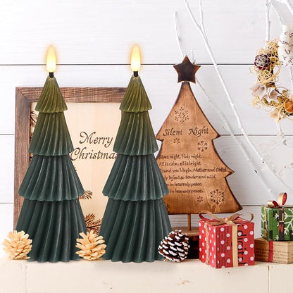 Christmas Tree Spiral Skirt-Shaped Flameless Candles with 6H Timer, 2 Pcs Battery Operated LED Pillar Candle with Flickering 3D Wick, Green Candles for Home Décor