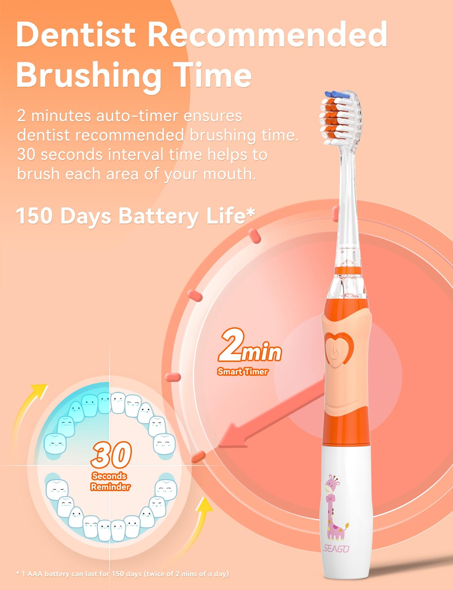SEAGO Kids Electric Toothbrush with 2 Mins Brushing Timer and 4 Replacement Bursh Heads, Rainbow LED Light Make Brushing Fun, Boys Battery Powerd Toothbrush for 4-12 Years Old，SG-977 (Light Blue)