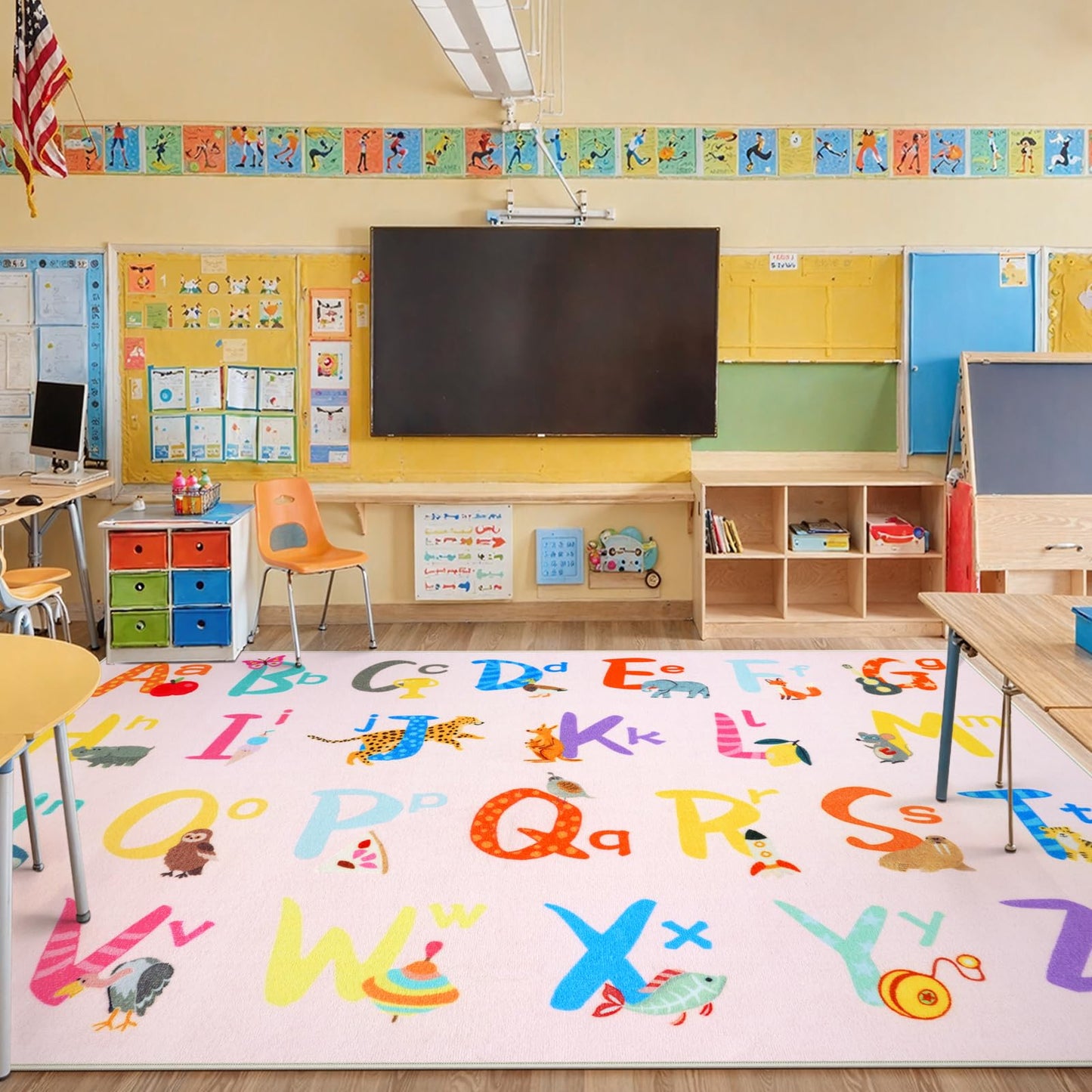 LIVEBOX 7'5" x 13' Pink ABC Kids Classroom Carpet, Large Washable Alphabet Educational Learning Area Rugs for Classroom Elementary, Non-Slip Pastel Preschool Kids Teacher Rug for Kindergarten Daycare