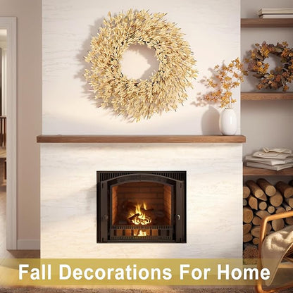 26 Inch Realistic Fall Wreaths for Front Door Outside Autumn Wreath Outdoor Indoors Fall Decorations for Home Thanksgiving Halloween Holiday Decorations Clearance for Wall Porch Door (Wheat)