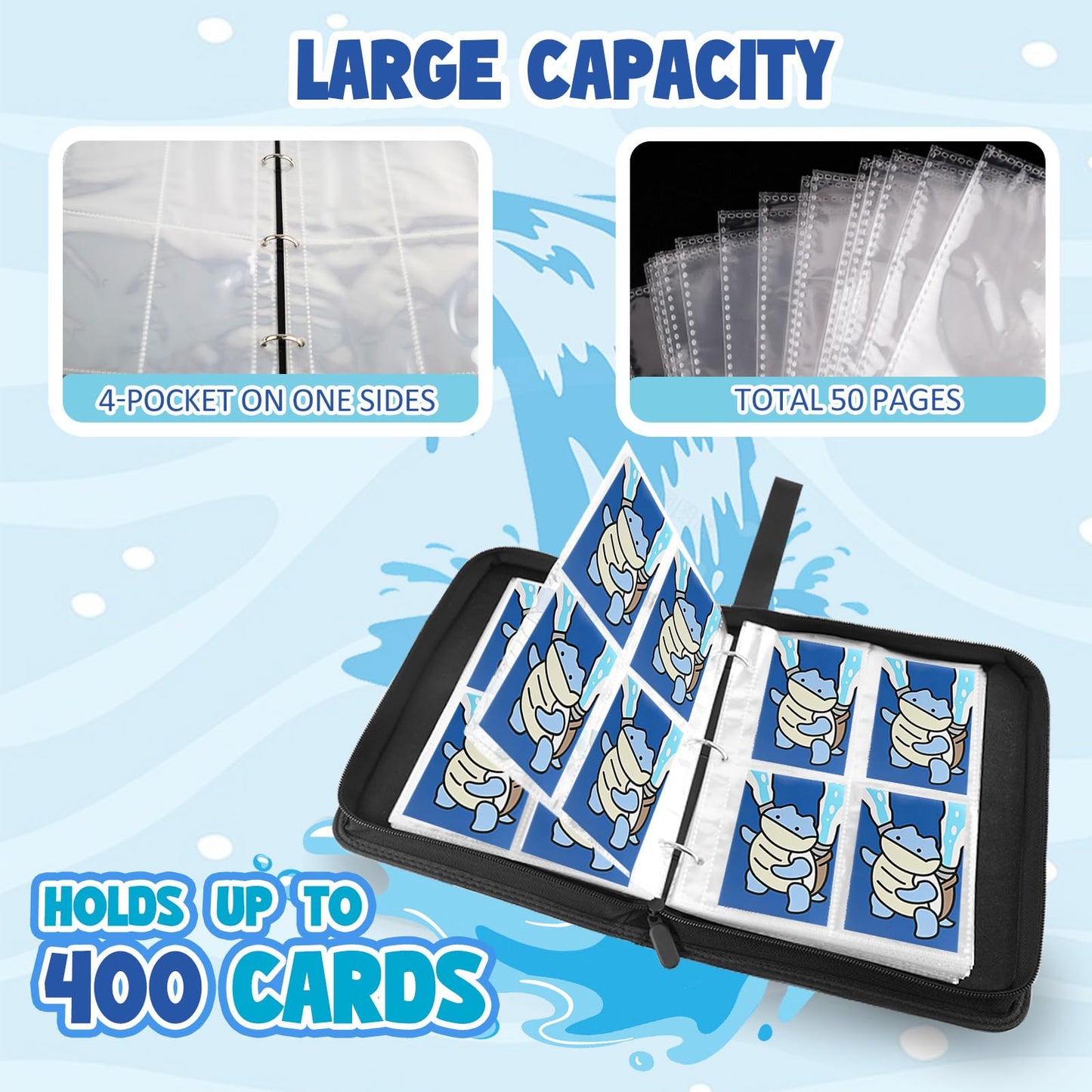 Collectible Trading Card Albums, 400 Card Holders with 50 Removable Sleeves, Portable 4 Pockets Collectible Trading Card Binder, PU Card Collection Binder for MTG, TCG, Sport Card, Game Cards