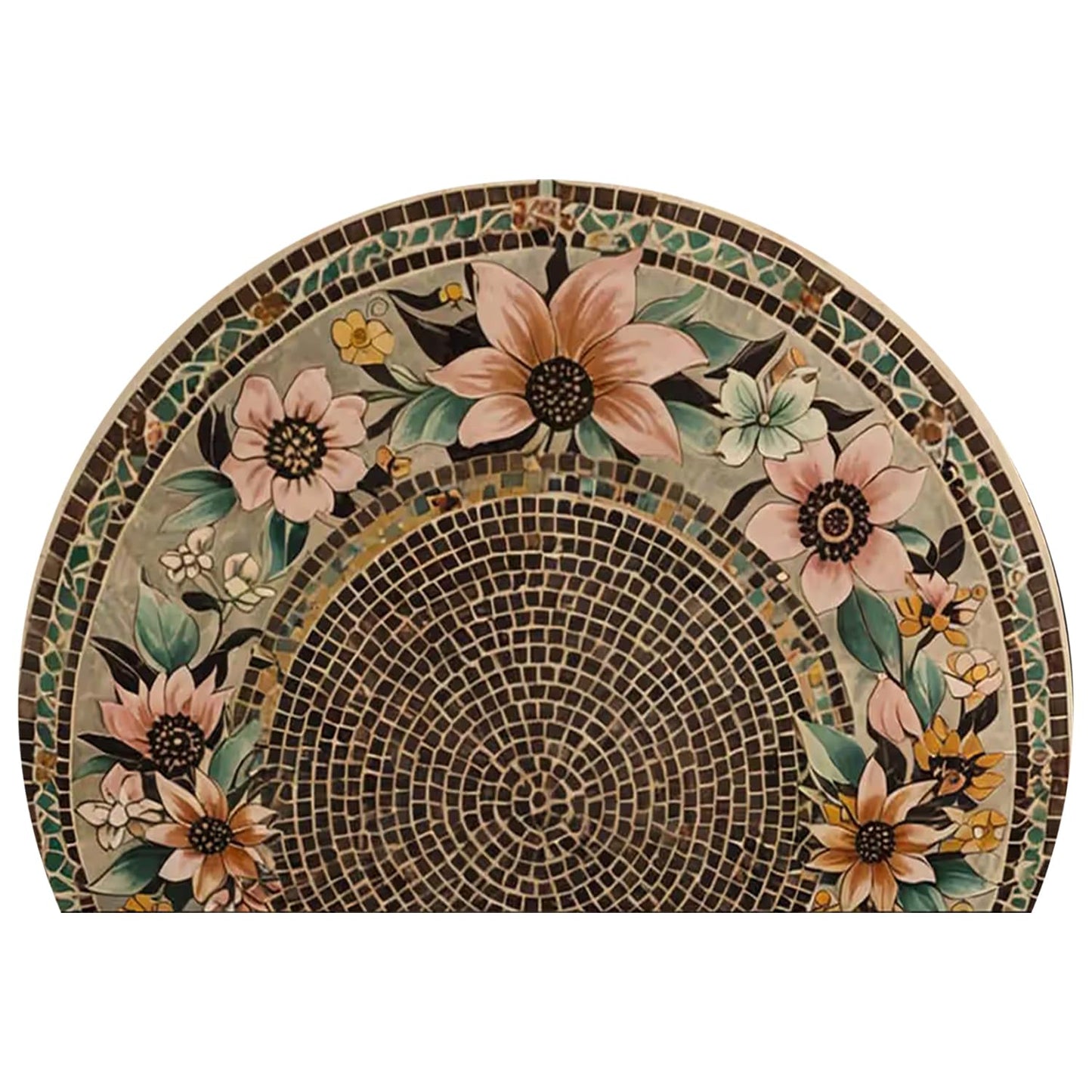 Half Round Door Mat 17"x30" Brown/Pink, Retro Blossoming Flowers Boho Semi Circle Rug, Non-Slip Washable Absorbent Mat, Soft Half Moon Floor Mat for Indoor Outdoor Front Door Kitchen Bathroom Patio