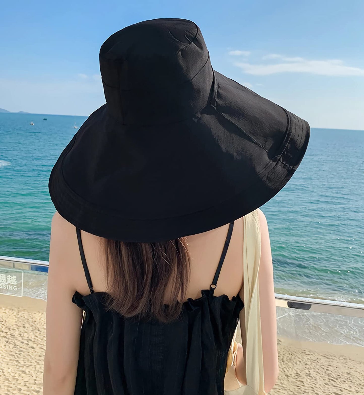 HUAMULAN 7" Wide Brim Women Summer Sun Floppy Hat Beach Bucket Fishing Hats Reversible Foldable Travel UV Protection Blackbeige