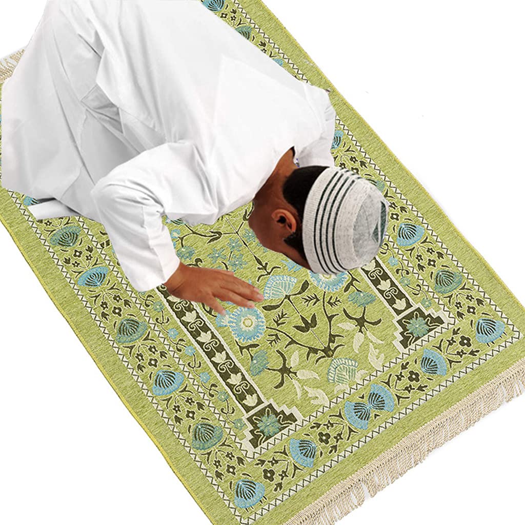 Muslim Prayer Mat Thick Islamic Turkish Chenille Praying Rug Portable Kneeling Rug, Vintage Floral Leaves Pattern Woven Jacquard Tassel Blanket