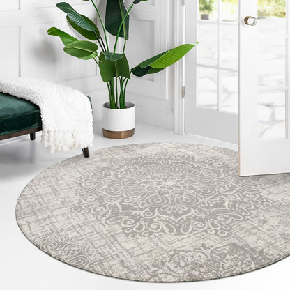 Lahome Medallion Round Rug - 5ft Machine Washable Round Bedroom Rugs Grey Non-Slip Throw Round Rugs for Living Room Vintage Distressed Circle Dinning Room Rug Large Round Carpet for Kitchen Office