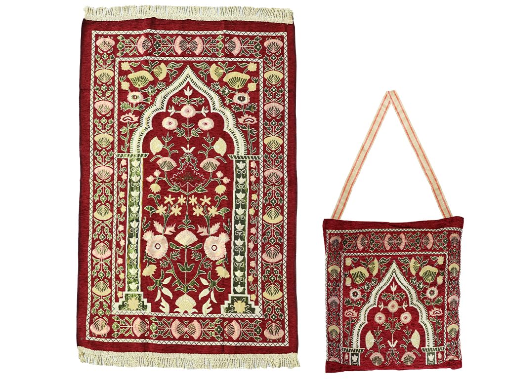 Hitopin Red 2'4" x 3'7" Traditional Floral Low Pile Nylon Prayer Rug, with Elegant Design Bags, Soft, Non-Slip, Water-Resistant, Perfect for Prayer, Ramadan, Eid al Fitr, Gift