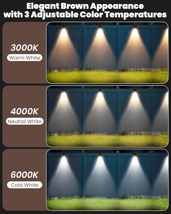 Brighter Solar Fence Lights-3000/4000/6000K 3 Mode,Solar Lights Outdoor Waterproof,Dusk to Dawn Deck Light, Outdoor Lighting for Backyard/Railing/Wall/Step/Patio(12 Pack,Brown)