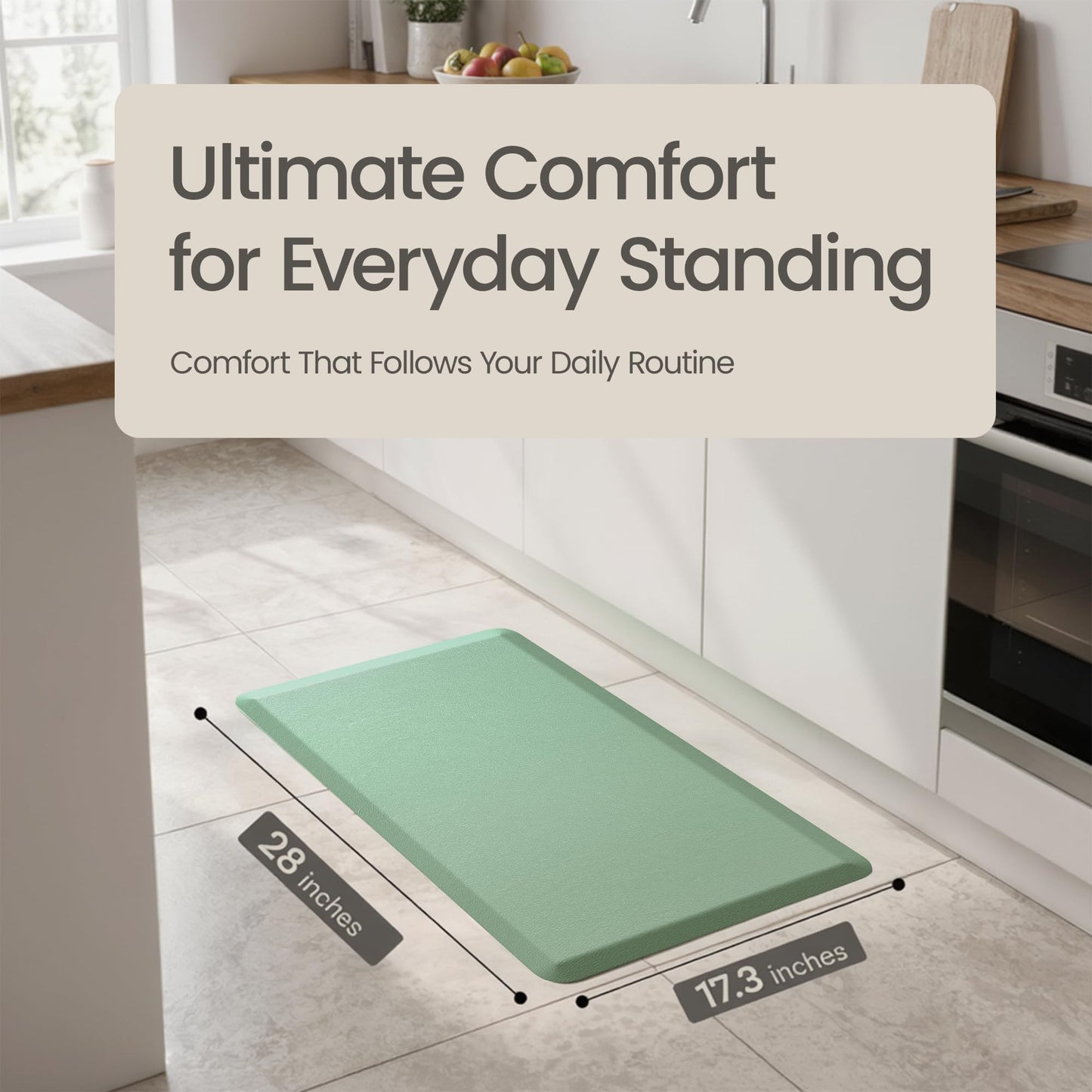 Anti Fatigue Kitchen Mats for Floor | Padded Kitchen Rugs | Non Slip, Cushioned Standing Desk Mat | Waterproof Floor Mat for Home and Office | 17.3" x 28" X 0.47", Mint Green, 1-Pack | More Décor