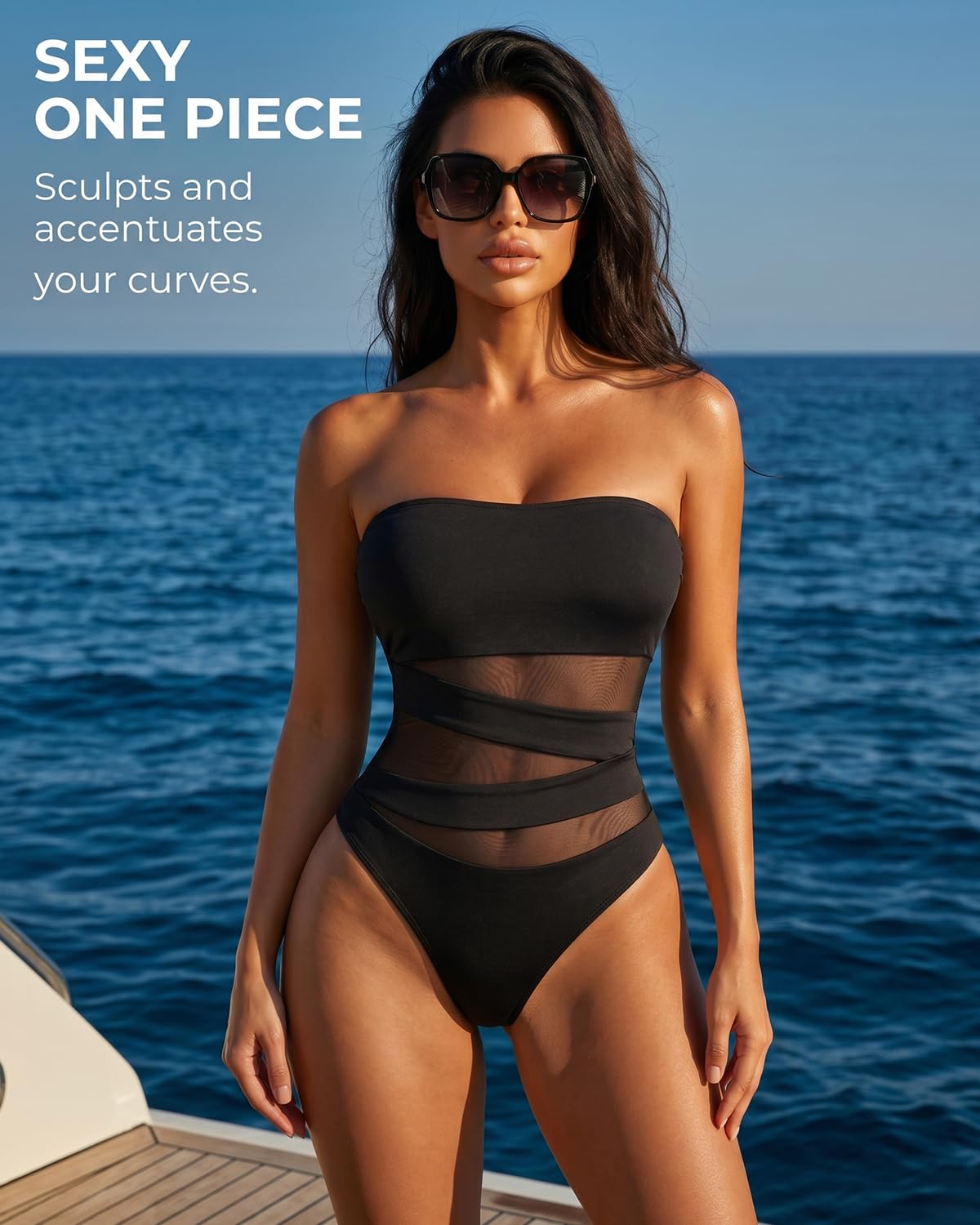 Holipick Women Black Strapless Bandeau One Piece Swimsuits Sexy Mesh Cutout Bathing Suits Tummy Control Swimwear M