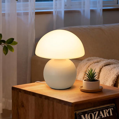 Small Mushroom Lamp,USB-Plug in Bedside Table Lamps with 3-Temperature LED Bulb Dimmable,Unique Cute Aesthetic Home Decor for Living Room,Bedroom, Modern Ceramic Base Glass Lamp(White)