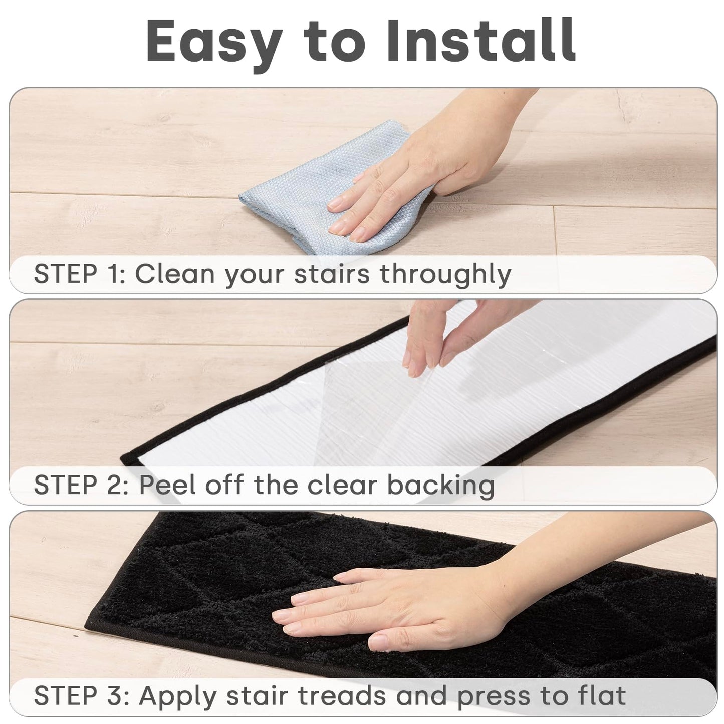 CELION Edged Non-Slip Stair Treads for Wooden Steps (30x8 Inches), 13mm Thick Tufted Carpet Mats, Indoor Stair Runners for Pets & Kids, 100% Polyester TPR Backing – No Residue (Black, 12pc)