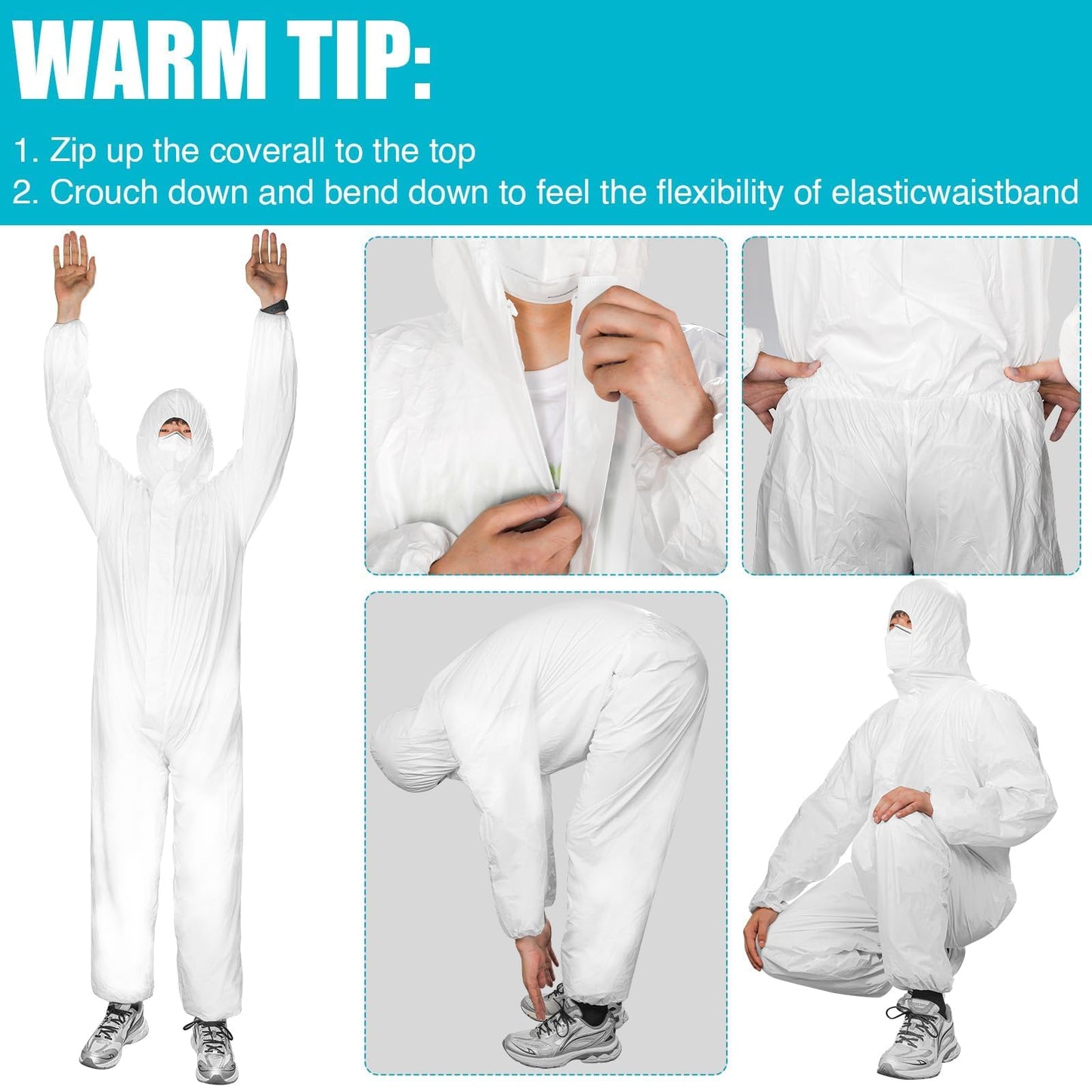 FURWEY Hazmat Suits 5 Pack Disposable Protective Coveralls, Heavy Duty Full Body Painters Suit for Men & Women with Elastic Wrists, Ankles and Hood, Available in 5 sizes-Large