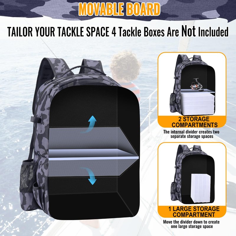 SILK ROLL 50L Fishing Tackle Backpack with Rod Holder and 4 Included 3600 Tackle Boxes - Waterproof Fishing Backpack for Ultimate Gear Organization and Storage (Black Camo)