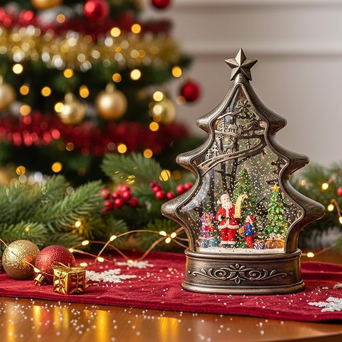 Christmas Snow Globe Lantern Water Glittering Santa's List with Music& Timer, USB Lined/Battery Operated Lighted Lantern for Christmas Festival Decoration Gifts （Santa）