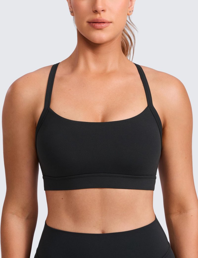 CRZ YOGA Butterlift Cut-Out Cross Back Sports Bras for Women - Medium Impact Adjustable Thin Straps Pilates Padded Gym Tops Black Medium